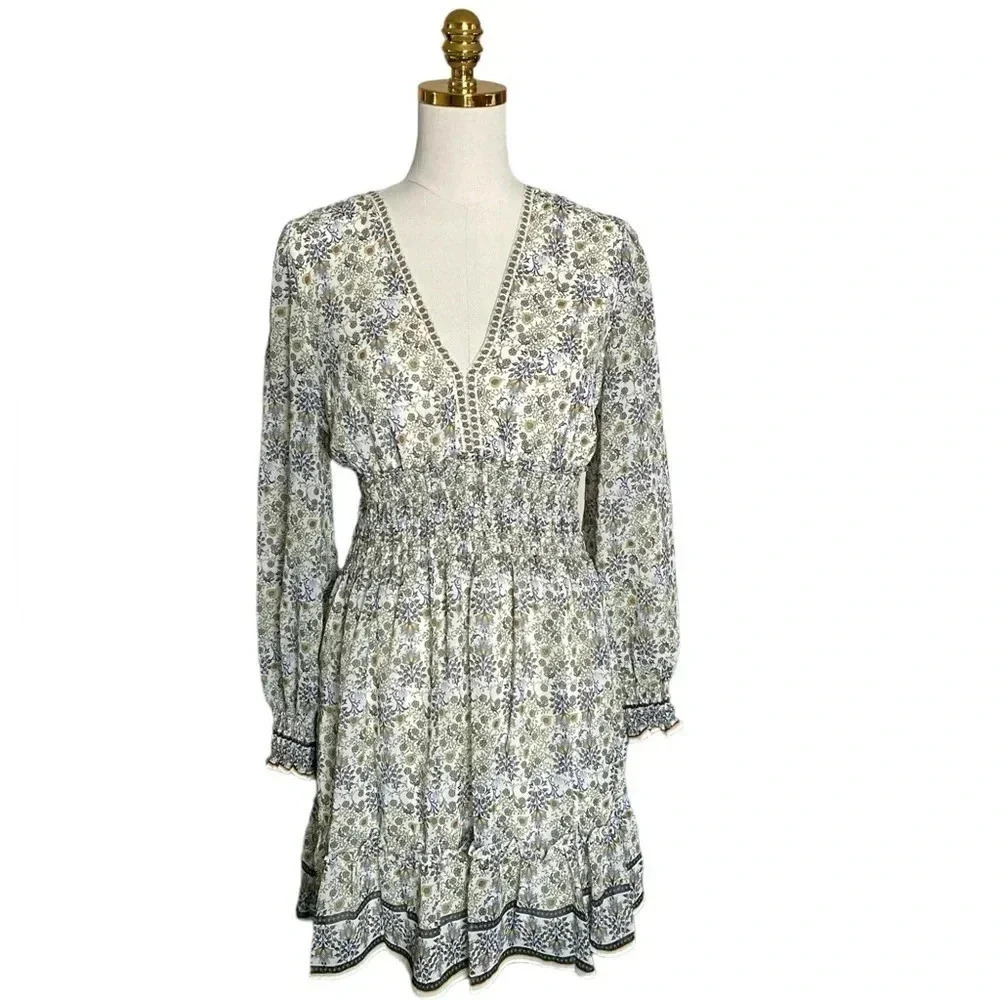 MAX STUDIO Women’s Geometric Floral Motif Print Smocked Waist Sheer Dress Size M